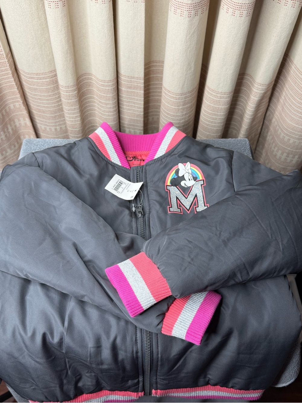 Disney Grey Puffer Jacket with Pink Trim and Minnie Appliqué - Picture 1 of 6